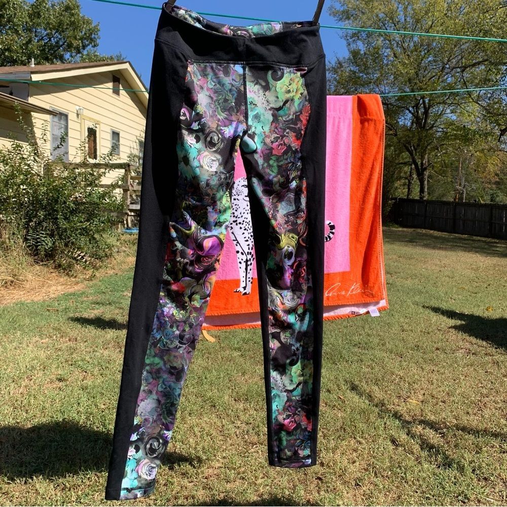 Cynthia Rowley Colorful Marble Floral Black Colorblock Leggings Size Small